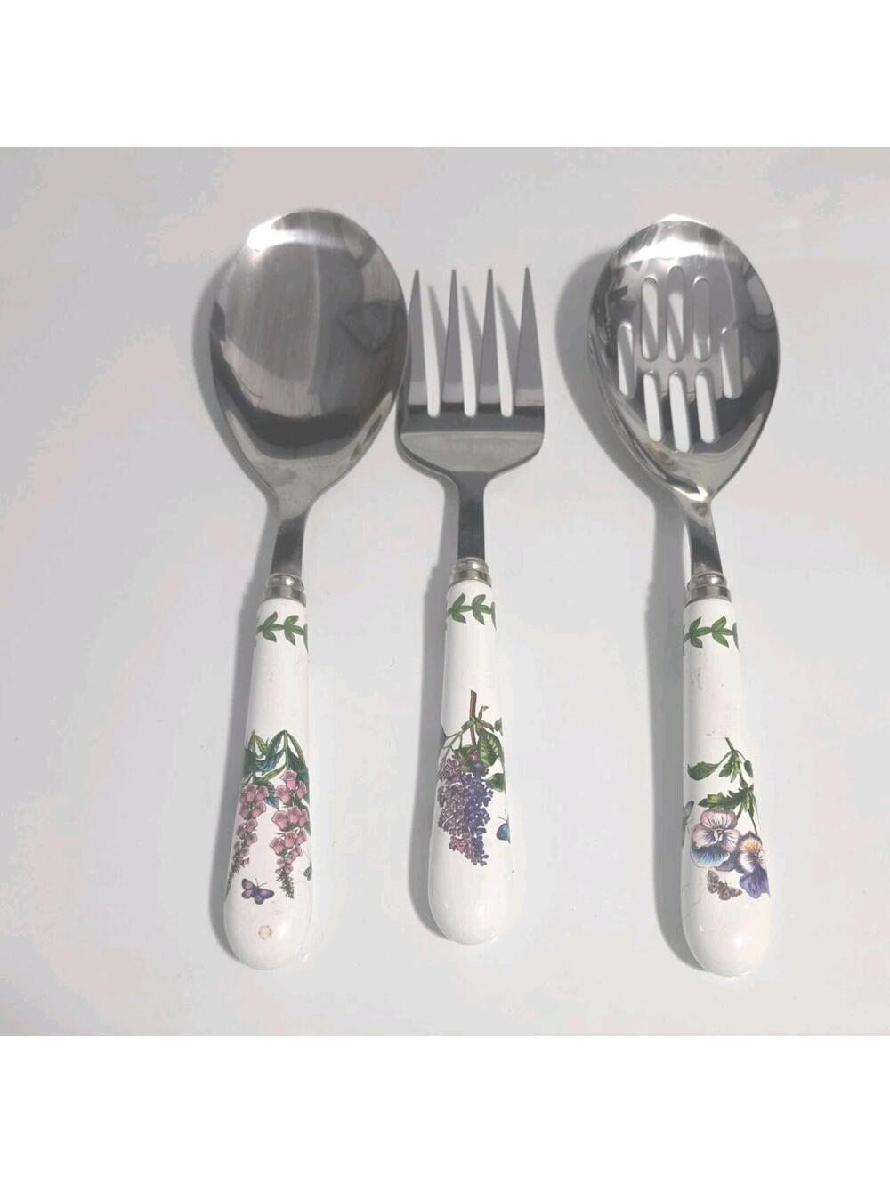 Portmeirion Botanic Garden Floral Porcelain Serving Spoon, Fork, Strainer 9.75”